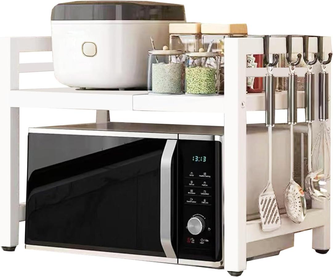 Microwave Oven Rack Expandable Countertop Heavy Duty Microwave Shelf 2-Tier Adjustable Metal Storage Shelf Rack for Kitchen (White)