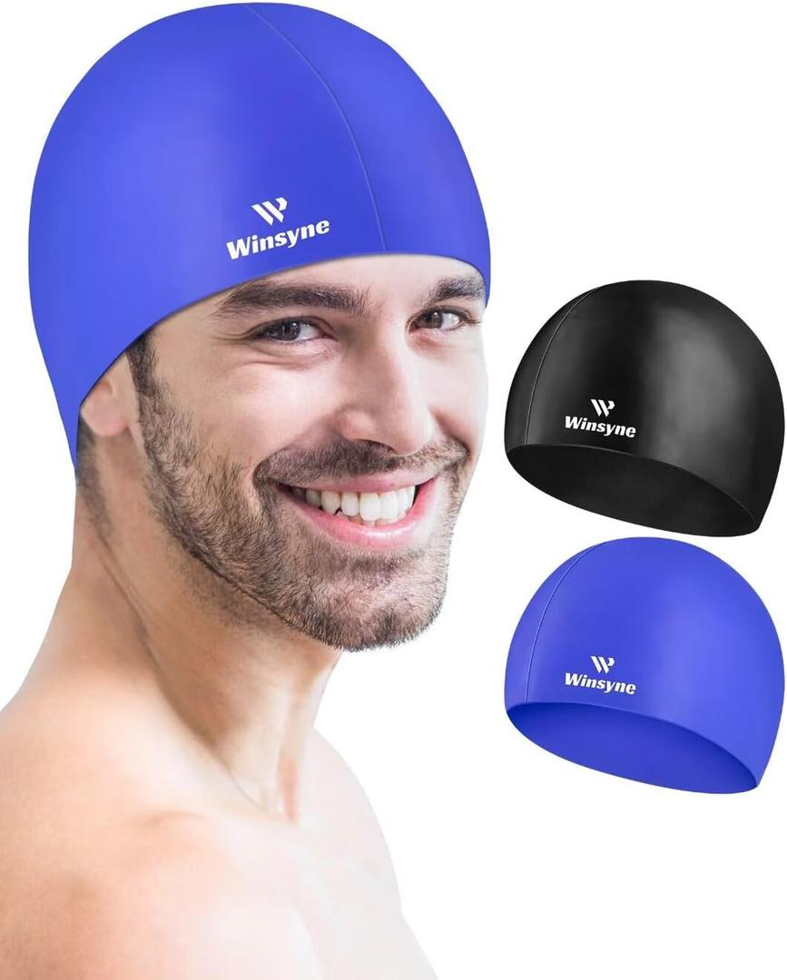 2 Pack Silicone Swim Cap for Men Women, Unisex Adult Swimming Caps for Short/Long Hair to Keep Hair Dry, Waterproof Bathing Caps for Swimming with Ear Plugs & Nose Clip Set (Black&Purple)