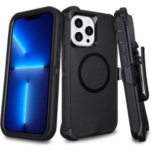 for iPhone 13 Pro Max Case with Belt Clip Holster, [Compatible with MagSafe] Heavy Duty Military Grade Drop Protection, 3-Layer Rugged Shockproof for iPhone 13 Max Case, 6.7" (Black)