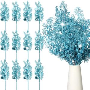 Tigeen 12 Pcs Christmas Tree Picks Bulk Artificial Christmas Tree Filler Glitter Berries Stems Branches Floral Decorations 15.75'' Xmas Sprays Twigs Berry Picks for Vase (Sky Blue)