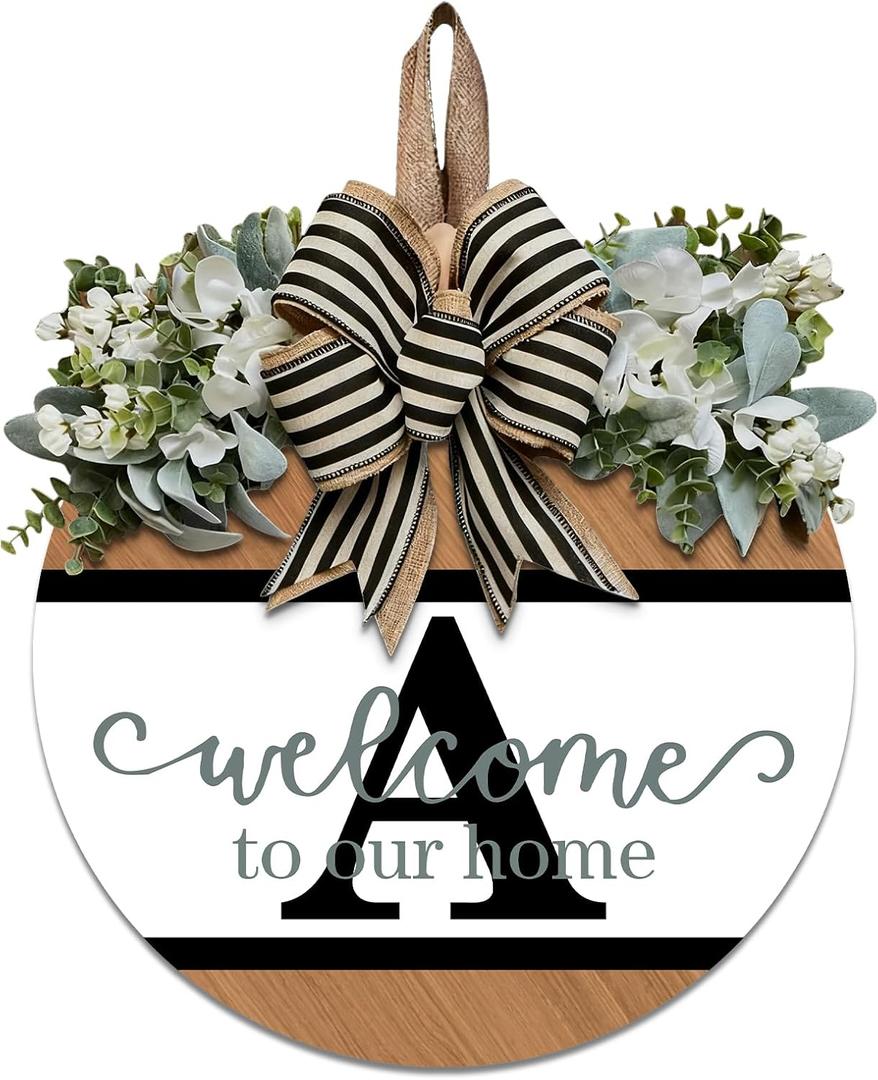 Last Name Round Front Door Wreath Decor for All Seasons, 26 Initial Letter Wreaths for Front Door Porch Welcome Garland and Eucalyptus Hanging Gift for Farmhouse Welcome Sign (A)