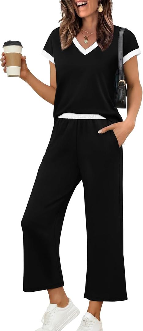 Sampeel Two Piece Sets for Women Lounge Sets Matching Sets Women Clothing Airport Travel Outfits Color Block (Black, L)