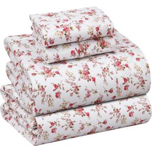 RUVANTI 100% Cotton Sheets King Size 4-Piece Set Percale Bedding, Cooling & Breathable Floral Design Bouquet, Durable with a Crisp, Soft & Comfortable Feel, 16" Deep Pocket