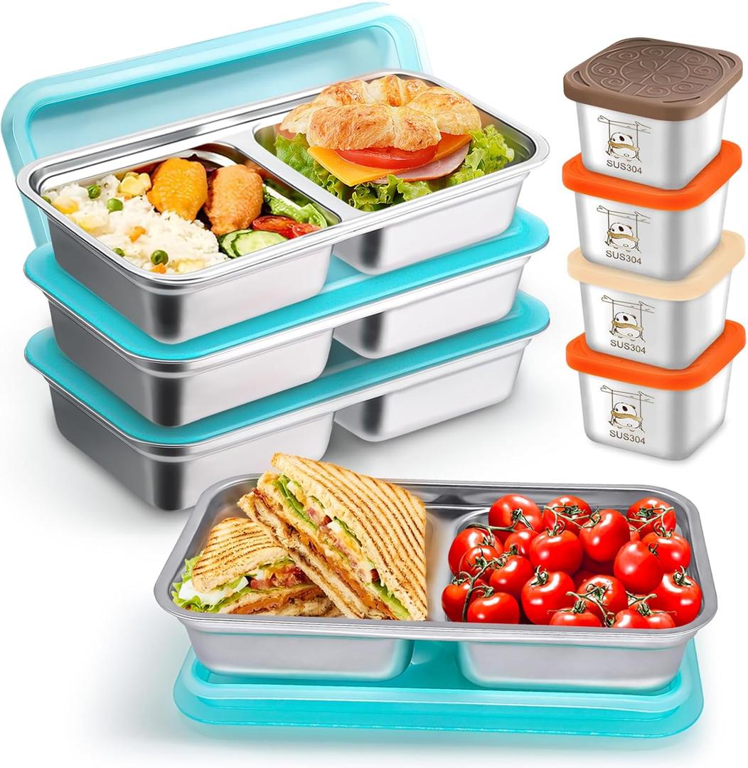 8PCS Stainless Steel Snack Containers  Double Compartment Lunch Boxes + 4Small Sauce Cups | 304 Food-Grade | Reusable, Stackable & Dishwasher Safe | Leak-Resistant Lids for Travel, Kids Lunches