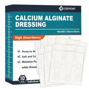 Ceeport Calcium Alginate Wound Dressing Pads, 4'' x 4'' Patches [10 Individual Pack], High Absorbency Dressing, Soft Wound Care Products, Comfortable & Gentle and Non Stick Gauze Pads for Wound Care