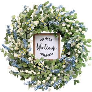 Artificial Blue Wreath for Front Door, 20 inch Artificial Leaves and White Flowers Wreath with Welcome Sign, Spring Greenery Wreaths for Front Door Wall Window Festival Decor