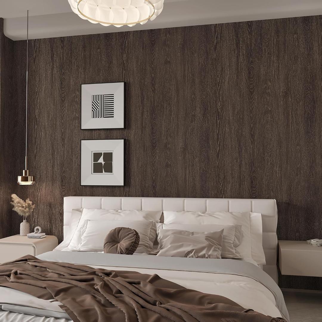 48x590inch Extra Wide Black Walnut Wood Wallpaper Dark Brown Wood Grain Vinyl Wrap Walnut Contact Paper Peel Stick Air Guide Slot Design Matte Thicken Self-adhesive Waterproof Wood Grain Wall Sticker