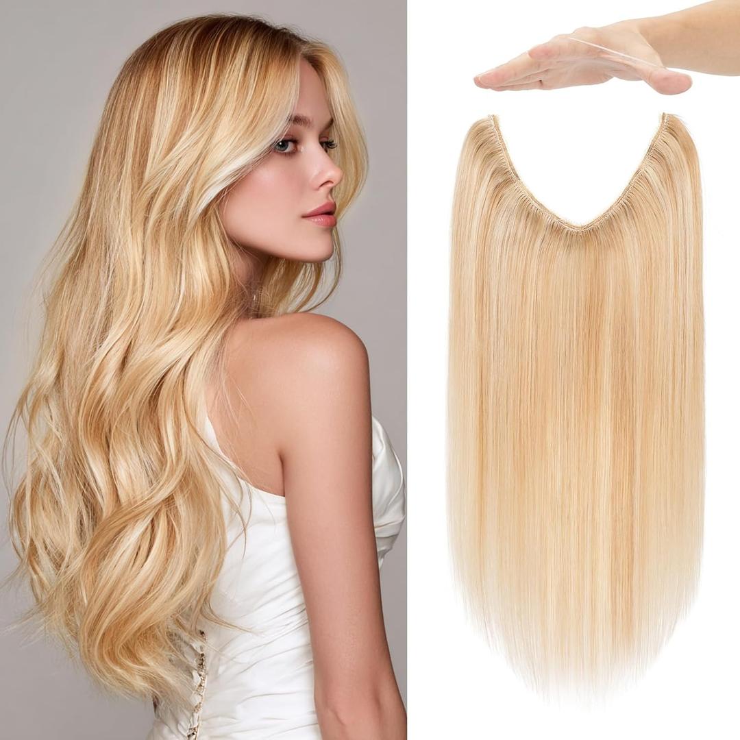 Halo Hair Extensions Real Human Hair Invisible Wire Extensions with Transparent Fish Line Adjustable Size Ash Blonde & Bleach Blonde 20 inch