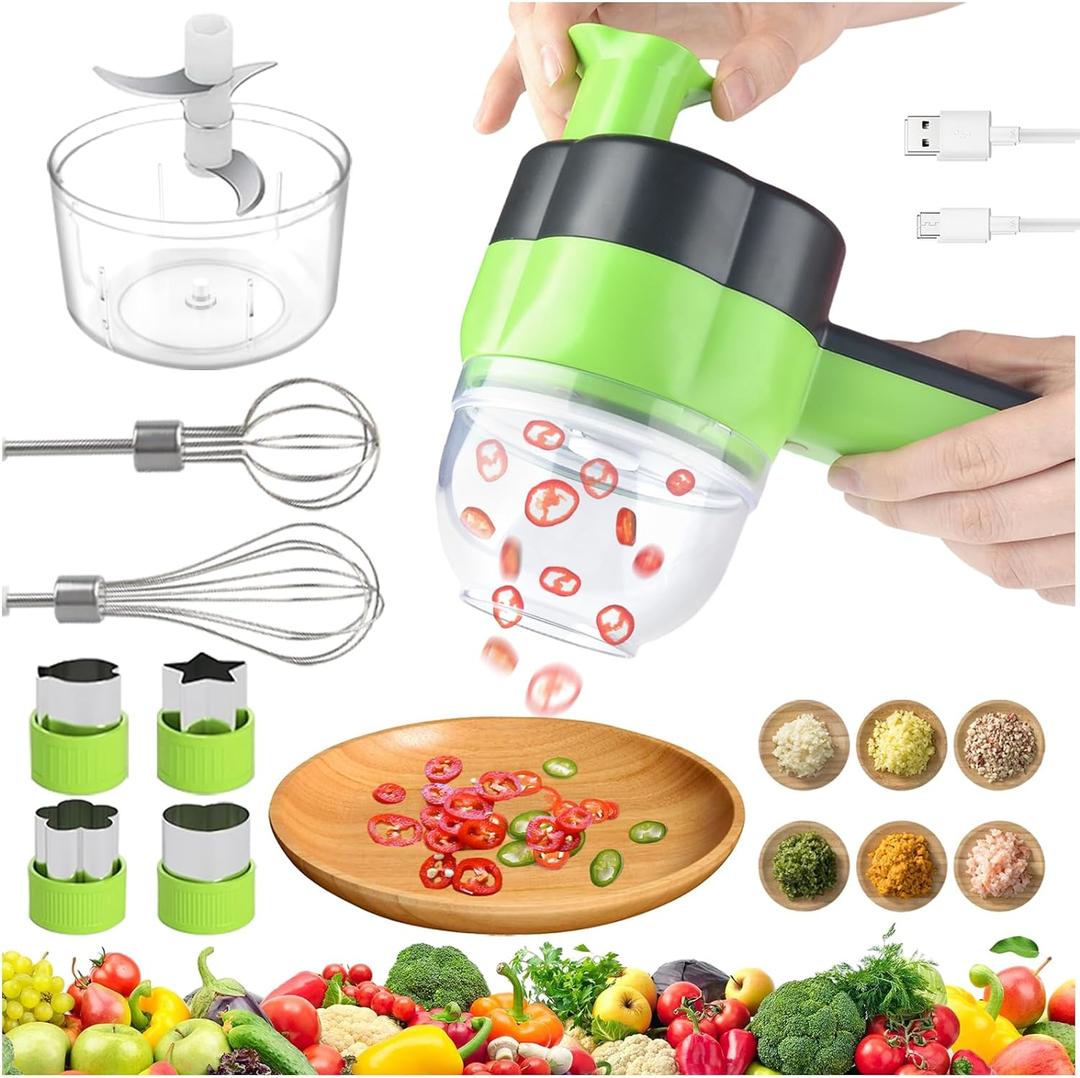 Electric Vegetable Slicer Set Vegetable Cutter 4 in 1 Portable, Rechargeable, Wireless Food Processor & Chopper Machine Mixer Food Slice for Home Kitchen Garlic Pepper Chili Onion Celery Ginger Meat