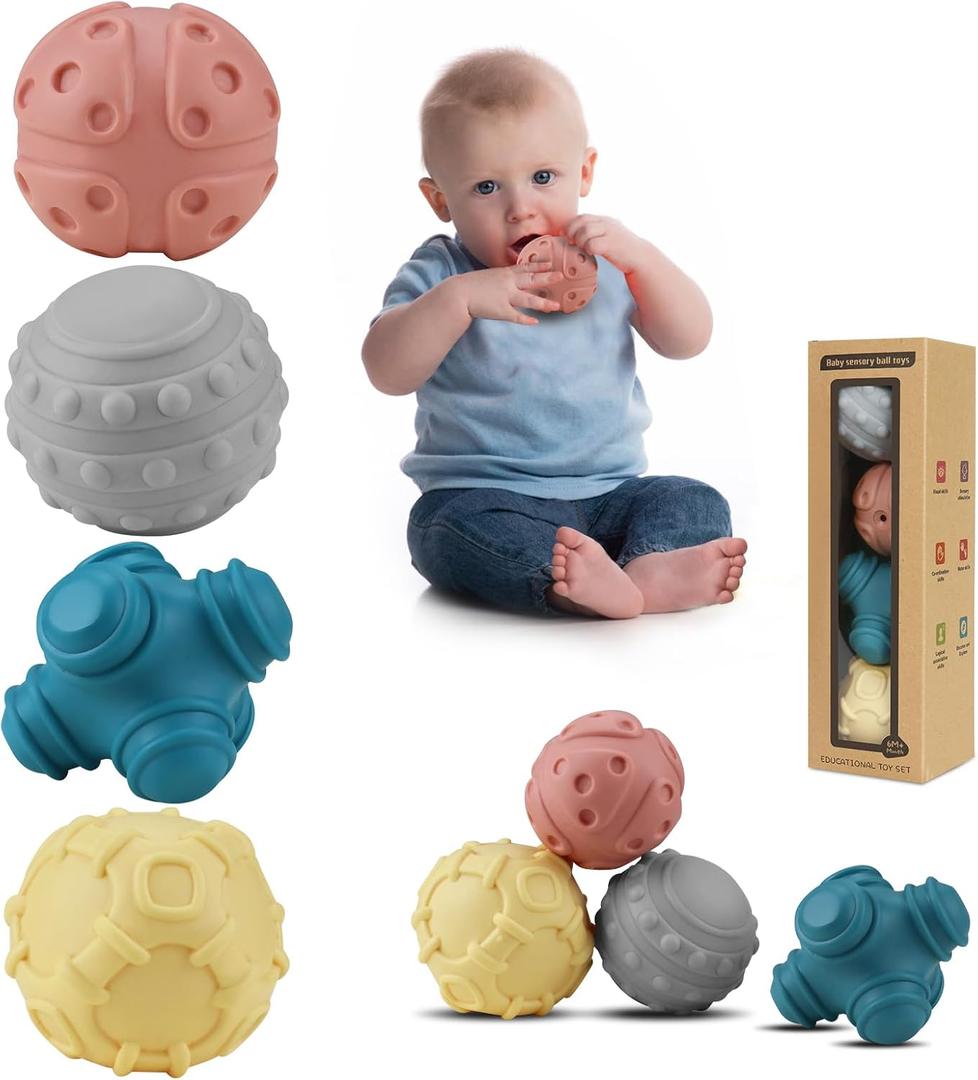 4 Pack Sensory Balls for Baby,Baby Balls Easy Grape Soft Textured Ball Set,Infant Squeeze Sensory Toys,Sensory Exploration Toys Gift for 6-12 Months