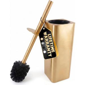 Gold Toilet Brush and Holder Set - Instantly Elevate Your Bathroom Style - Stainless Steel Toilet Bowl Brush and Holder with 2 Rounded Corners, Replaceable Head, Removable Inner Bowl & Splash Guard