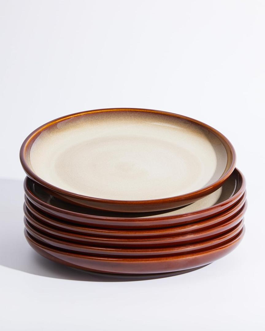 Pokini 10 Inch Dinner Plates Set of 6, Stoneware Round Salad Dessert Plates, Serving Plates, Microwave & Dishwasher Safe, Brown and Yellow