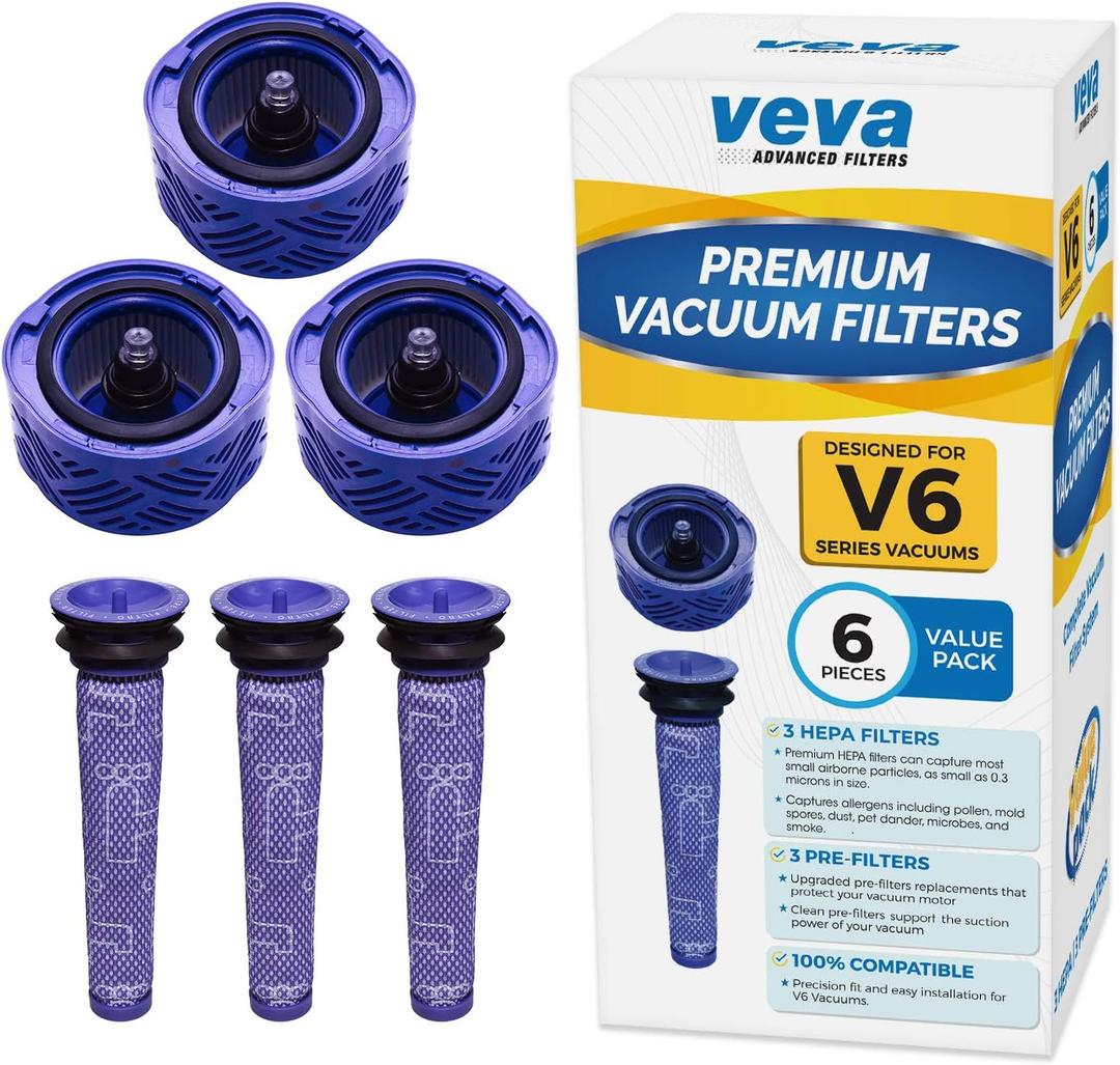 VEVA 6-Pack Premium Vacuum Filters Set - Compatible with Dyson V6 Absolute Vacuums, Part # 965661 & 966741-3 Pre-Filters & 3 HEPA Filters for Enhanced Air Quality & Suction Performance