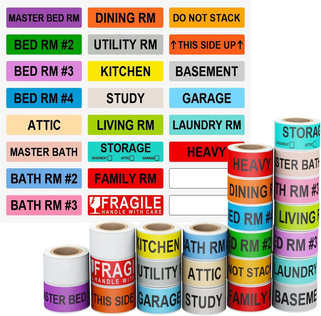 AveneMark 1440 Count Home Moving Labels, 24 Rolls Color Coding for Boxes Stickers + Fragile + Packing Stickers, Including 2 Rolls Blank Customized Use