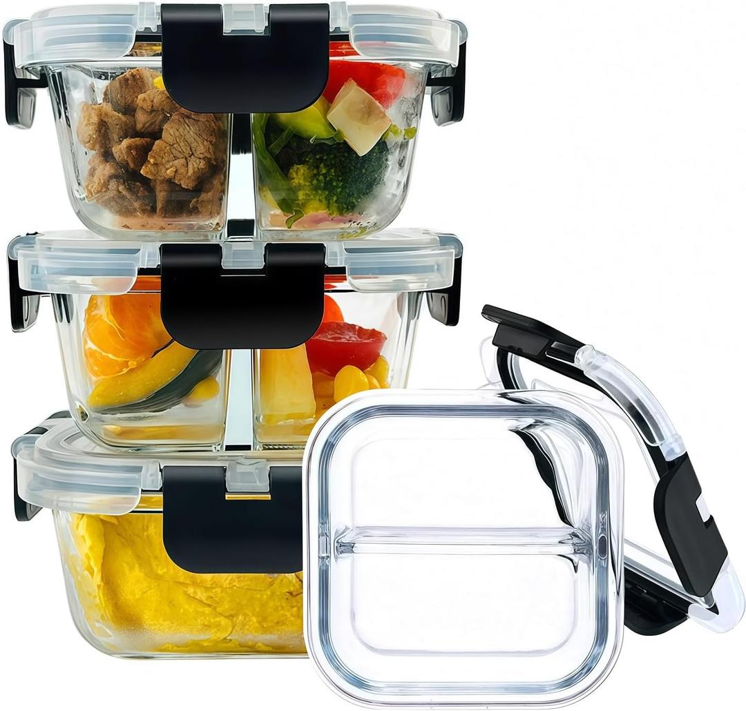 Bariatric Meal Prep Containers, 8 oz Glass Bariatric Portion Control Containers with Two 4 oz Compartments (3 Pack), Reusable Lunch Box Bento Box with Lids, Glass Snack Containers with Lids (Transparent)