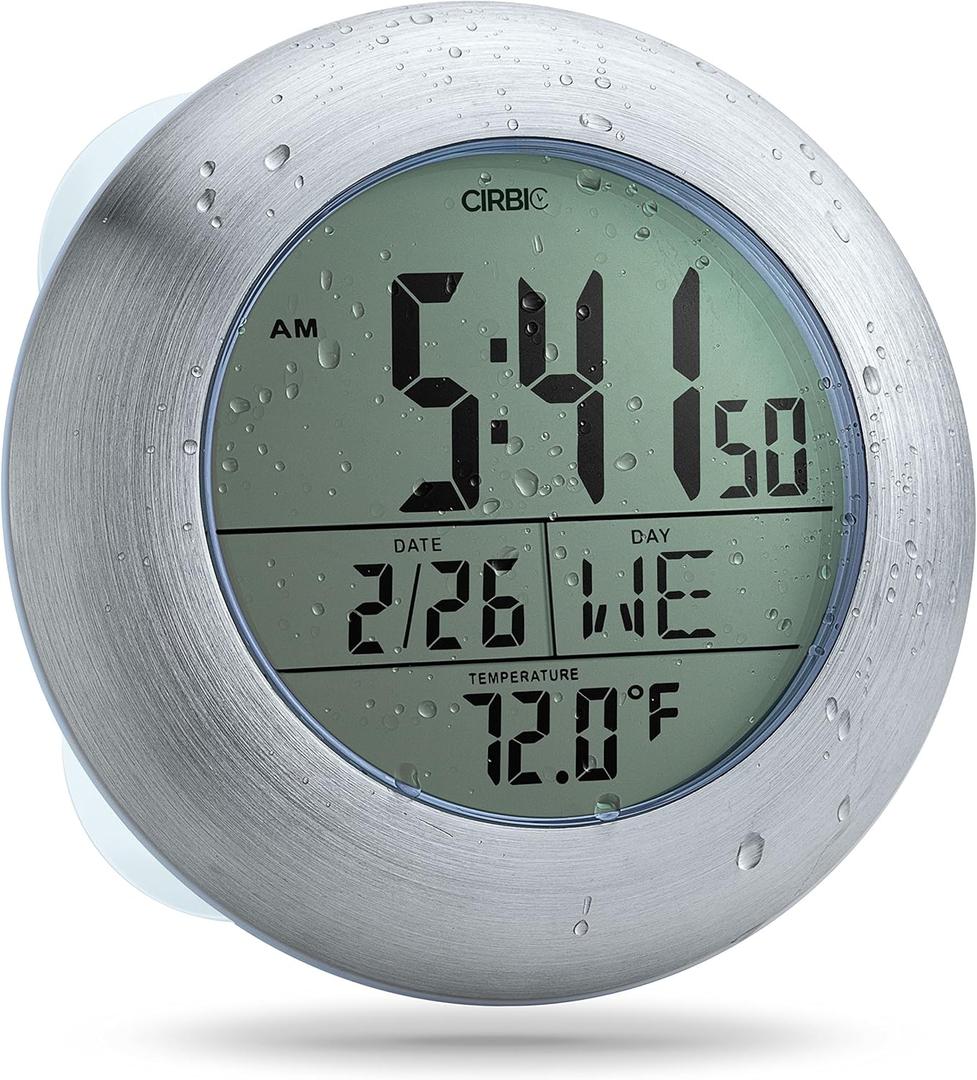 Extra Large Shower Clock with Suction Cups, Date and Temperature, Water Resistant Clock for Bathroom (Silver)