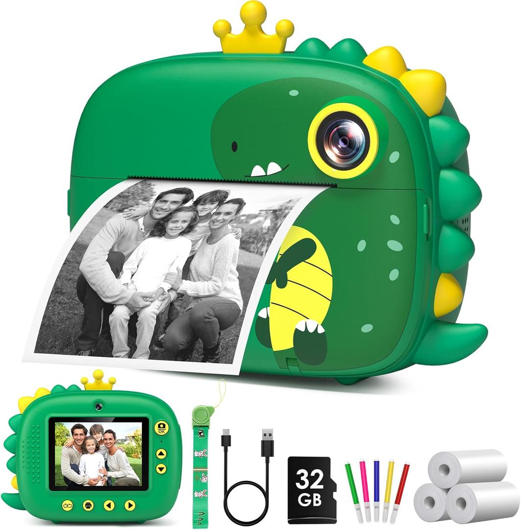 Kids Camera Instant Print,Dinosaurs Instant Print Camera for Kids,Birthday Gifts for Boys,2.4-Inch/1080P with 32GB Card,Christams Birthday Gifts for Girls Boys Age 3-12 (Green)