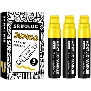 SRUOLOC 3 Jumbo Permanent Markers Yellow, 15mm Thick Wide Tip, Large Acrylic Paint Markers for Rock Painting, Poster, Graffiti, Stone, Ceramic, Glass, Wood, Canvas