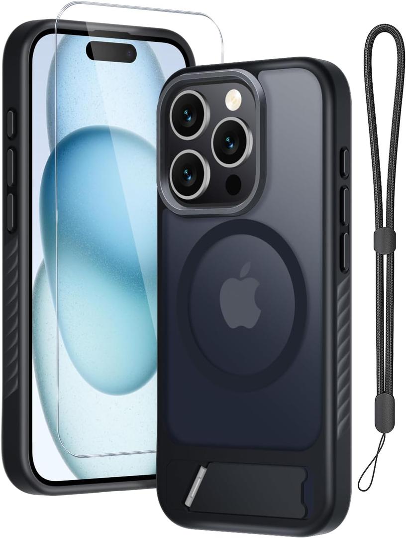 RMOCR for iPhone 15 Pro Case with Screen Protector+Lanyard Wrist Strap,Magnetic Translucent Matte Rugged Slim Phone Cover Built in Invisible Kickstand [Fit for MagSafe],Black