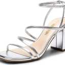 DREAM PAIRS Women's Heels Chunky Block Strappy Square Open Toe Ankle Buckle Heeled Sandals Wedding Party Dress Shoes Indie (6), Silver 