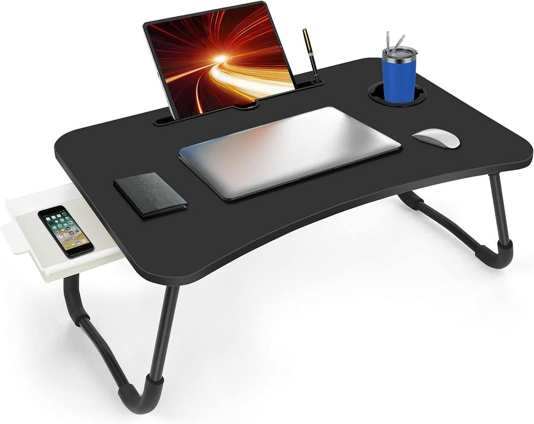Fayquaze Portable Foldable Laptop Bed Desk with Storage Drawer and Cup Holder - Lap Desk Laptop Stand Tray Table for Eating, Reading and Working, Black