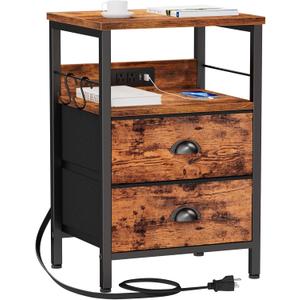 Furologee End Table with Charging Station, Nightstand with Fabric Drawers, Side Table with USB Ports & Outlets, Night Stand with Storage Shelf & Hooks, for Living Room/Bedroom, Rustic Brown (1 pc)