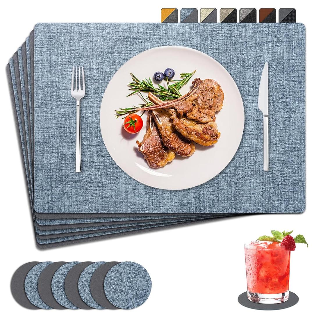Placemats Set of 8 with Coasters Dual Sided Heat Stain Resistant Place Mats Faux Leather Table Mats NonSlip Waterproof OilProof Washable Wipeable Table Placemats for Dining Patio Table Kitchen, Blue 