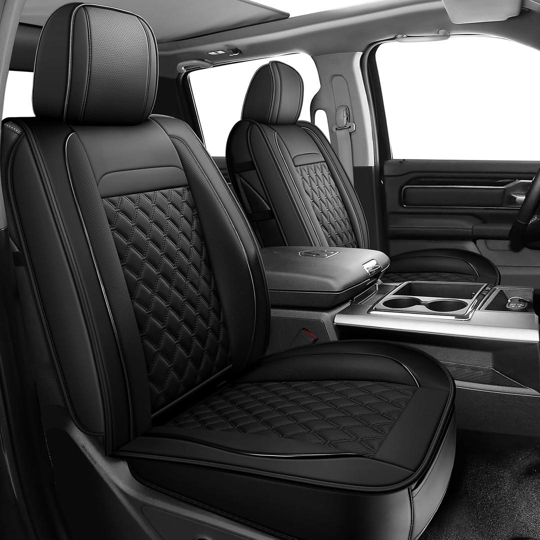 Dodge Ram Seat Covers, Waterproof Leather Ram Seat Cover Compatible with 2009-2026 RAM 1500 2500 3500 Classic Bighorn Longhorn Laramie Tradesman Limited Truck with Flat Bench, Black