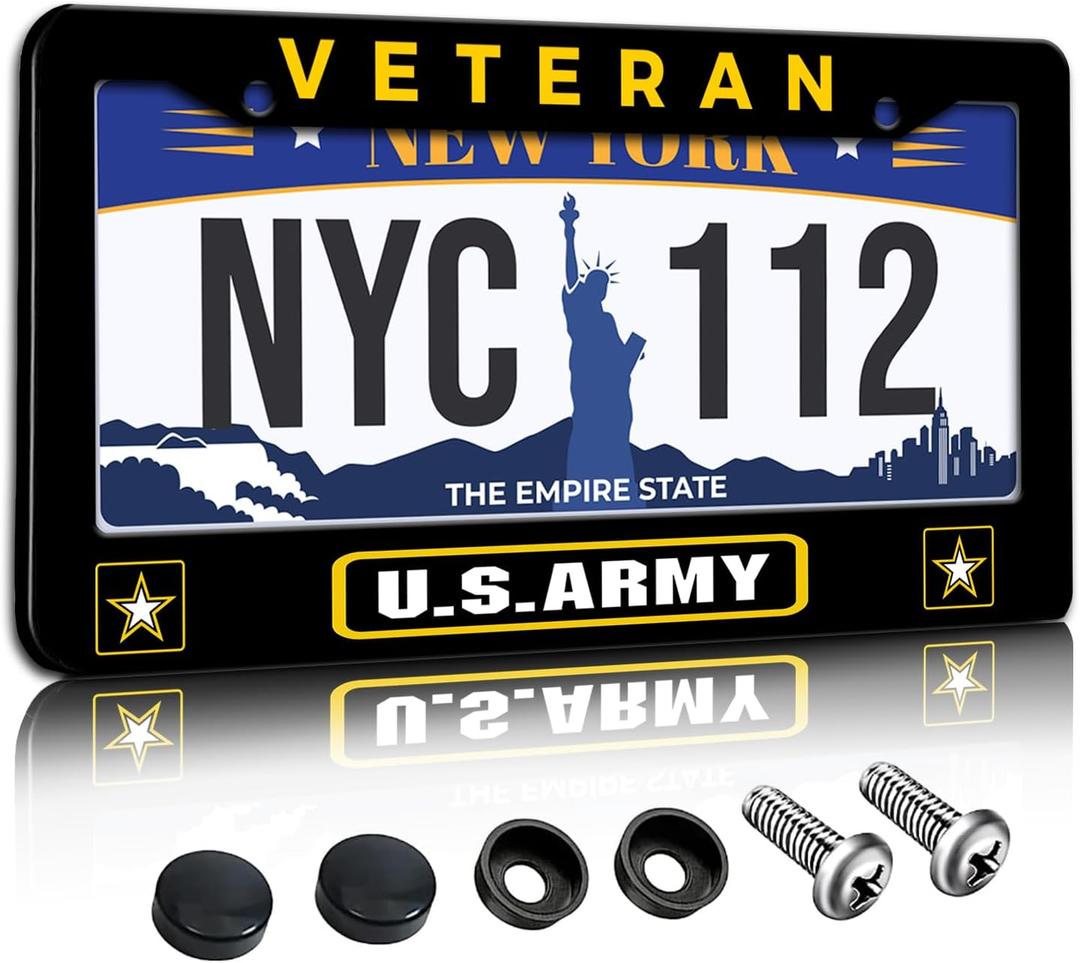 License Plate Frame Veteran U.S. Army License Plate Frame America Military Badge Rust-Proof Waterproof Stainless Steel with Screws for Men Women 12.2 x 6 Inches