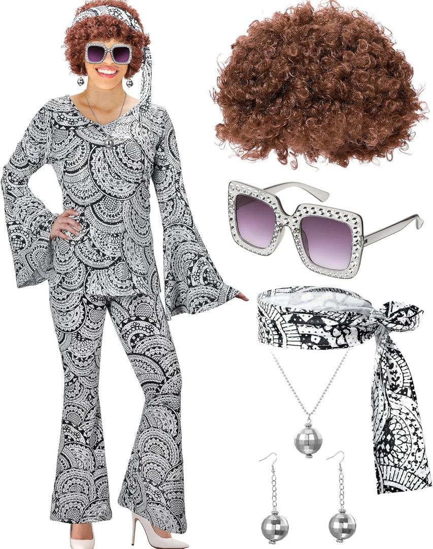 Jexine 7 Pcs 60s 70s Disco Outfits for Women Disco Party Costume Set Top Pants Sunglasses Ball Necklace Earring Wig Halloween (3X-Large)