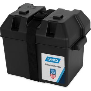 Camco Large Battery Box with Straps and Hardware - Group 27, 30, 31 |Safely Stores RV, Automotive, and Marine Batteries | Measures Inside 7-1/4" x 13-1/4" x 8-5/8" | (55373), Black