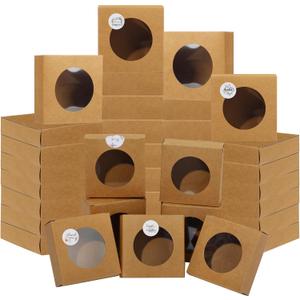 Liobelon 30 Pack Kraft Paper Soap Boxes with Clear Windows, 3.1x3.1x1.2 Inch Empty Gift Boxes for Homemade Soap, Candles, Party Favors, Eco-Friendly Gift Packaging (Brown)