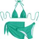 SHENHE Women's 3 Piece Textured High Cut Halter Triangle Bikini Swimsuit with Cover Up Green S