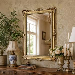 Vintage European Gold Wall Mirror, Ornate Carved Frame Decorative Mirror, Distressed Antique Gold Finish for Living Room, Bedroom, Entryway, Hallway, Bathroom, Vanity