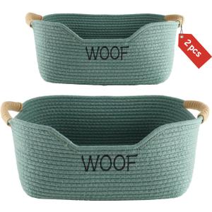 Geyecete Set of 2 Dog Toy Storage Basket, Cotton Rope Weave Basket for Dogs, Cats, Dog Toy Bin with Handles, Puppy Toy Accessories, Storage Container-Green