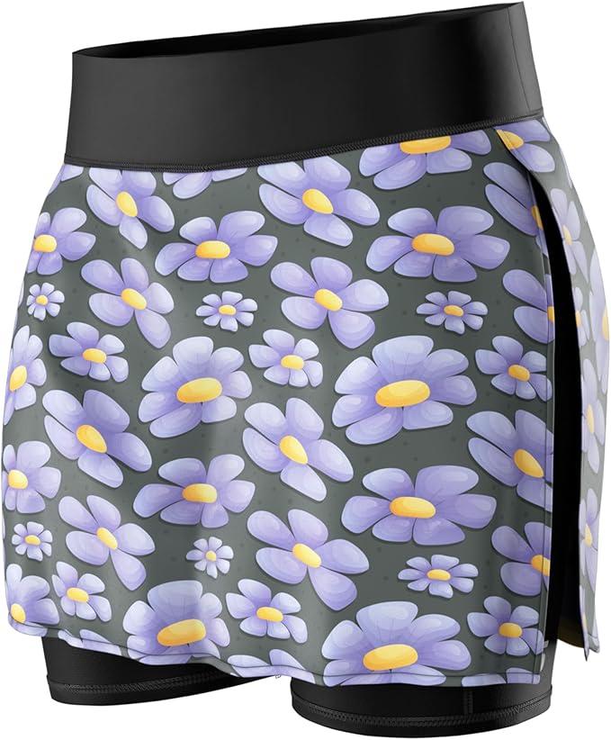 SLS3 Athletic Skirt Shorts for Women, Lightweight Mini Tennis Skort with Pockets (Medium, Graphite/Lavender Flowers)