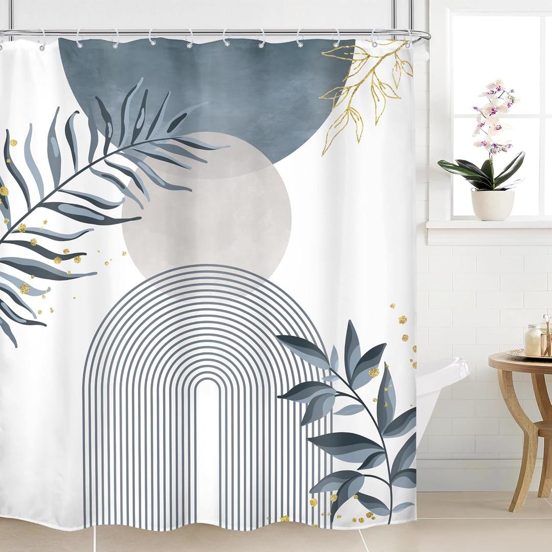 Blue Gray Boho Shower Curtain 60Wx72H Abstract Grey Bohemian Modern Leaves Mid Century Minimalist Plant Bathroom Decor Contemporary Simple Neutral Bath Curtain Fabric Polyester 12 Pack Hooks