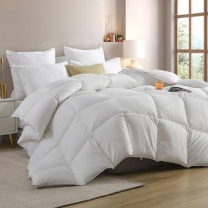 Cobnom Hotel Luxury Feather Down Comforter Queen Size, Medium Warm All Season Duvet Insert, Silky Soft Egyptian Cotton Blend Cover, Ethically Sourced Feather & Down Filled, 90x90 Inch, White
