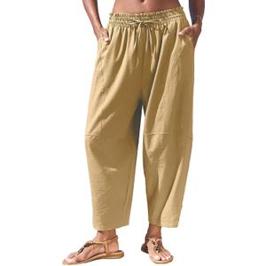Women's Copped Pants Wide Leg Harem Palazzo Trousers Loose Drastring Casual Barrel Pant with Pockets (X-Large, Khaki)