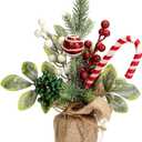 Christmas Tabletop Decorations, 25cm Artificial Christmas Tree Candy Cane Table Top Ornament with Realistic Berries and Leaves for Xmas Home or Office Decor (1, Red Green White)