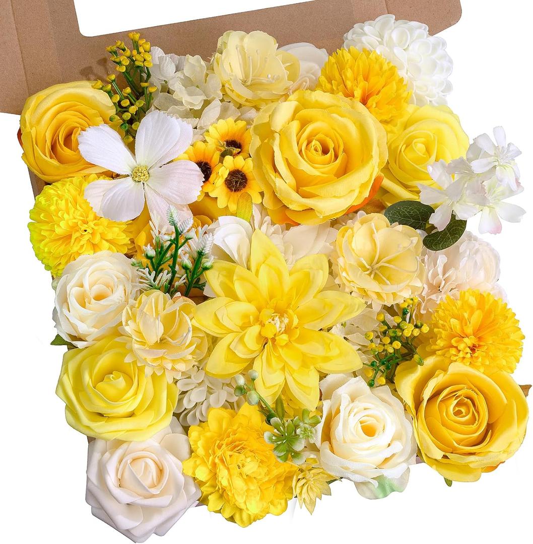 SWNAWE Yellow Flowers Artificial Roses Combo Set Fake Pink Silk Flowers Faux Peony Flowers Mix Dahlia with Stems for Wedding Bouquets Baby Bridal Shower Party Floral Arrangements Decor