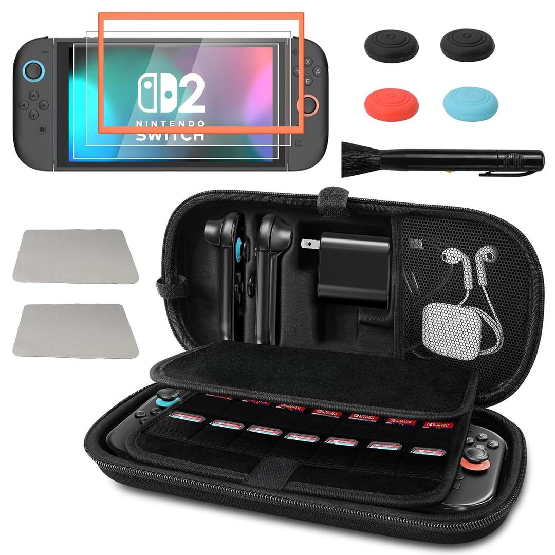 Reddening Switch 2 Carrying Case Compatible with Nintendo Switch 2, Protective Hard Shell Travel Case with 2 Screen Protector, 4 Thumb Caps, 2 Cleaning Cloths, 1 Cleaning Brush