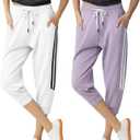 SPECIALMAGIC Women's 2 Pack Capri Pants Cropped Joggers with Pockets Capri Sweatpants, Ivory White+Lilac, Large