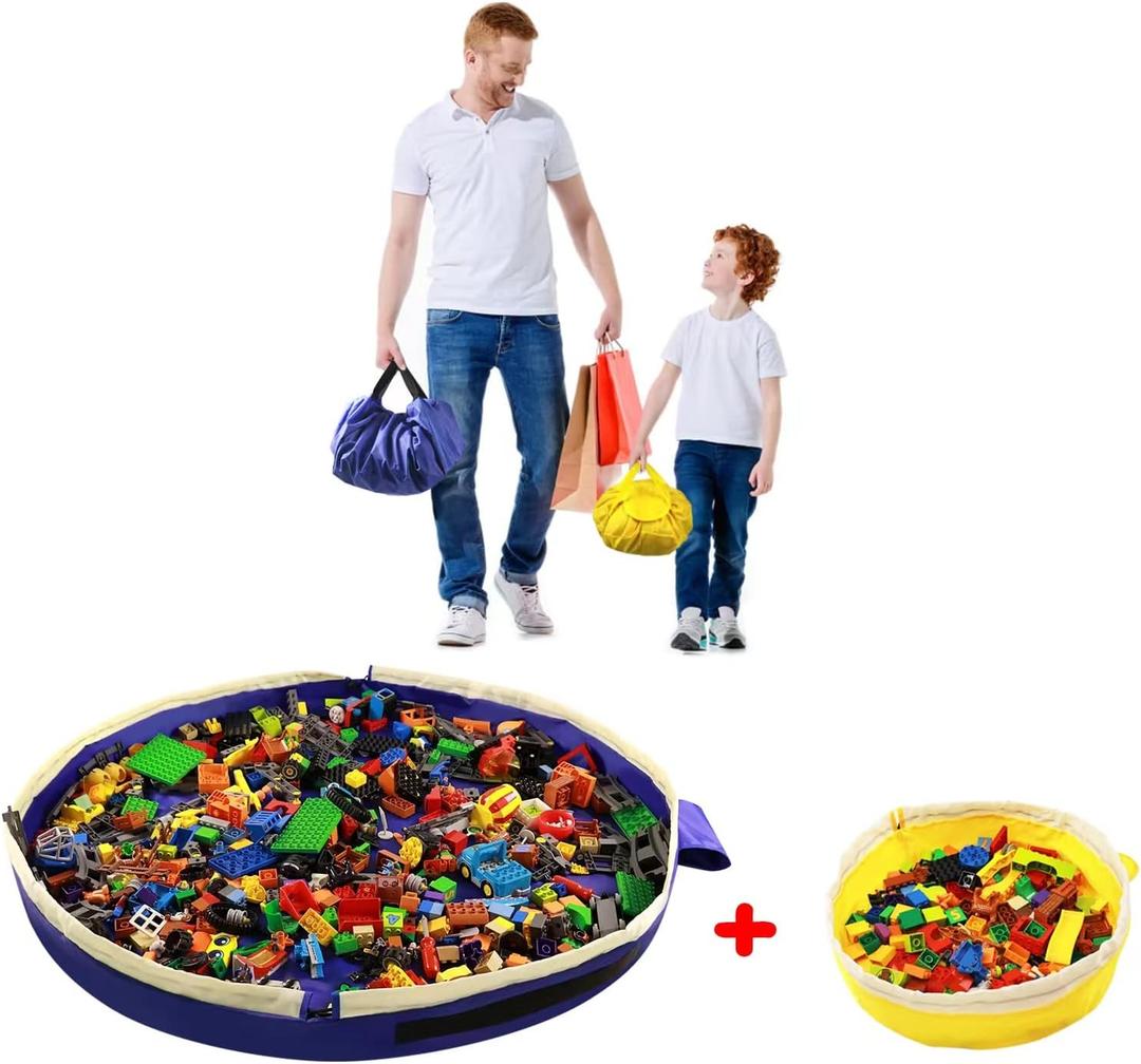 Toy Storage Mat Bag by Drawstring for Lego - Play Mat Bag Toy Storage Container for Kids with Cap can as Gift (2Pcs = Big Blue + Mini Yellow)