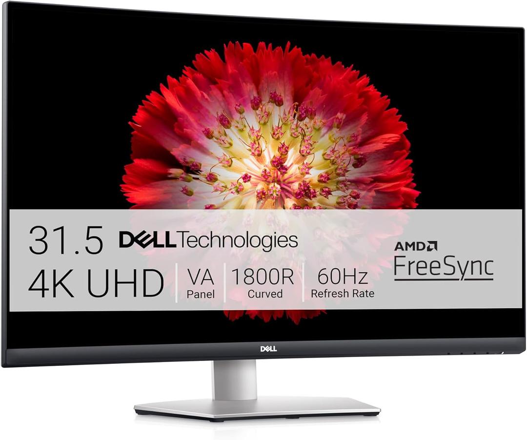 Dell S3221QS 32 Inch Curved 4K UHD (3840 x 2160), VA Ultra-Thin Bezel Monitor, 60Hz, 4MS Response Time, 90% DCI-P3, 99% sRGB, AMD Free Sync, HDMI, DisplayPort, Built in Speakers, VESA Certified, Silver
