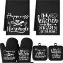 Sratte 6 Pcs Kitchen Decor Accessories Set Farmhouse Towels Pot Holders Oven Mitts Set 2 Dish Towels 2 Potholders 2 Cooking Mittens Oven Glove for Christmas Baking Cooking Supply(Black,Kitchen)