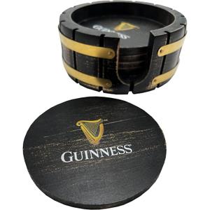 Guinness Beer Coaster Set with Holder - 6 Pack, Beer Barrel Wood, Perfect for Home Bars and Parties Compatible