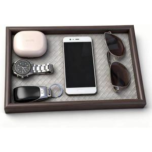 Zosenley Wooden Valet Tray with Leather Base - Nightstand Catchall Organizer for Cologne, Perfume, Keys, Wallet, Phone, Watch, Jewelry & Sunglasses (Llight Gray)