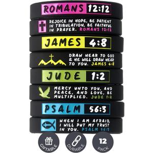 Inkstone (12-pack) Bible Bracelets, Bulk Pack - Bundle of 12 Religious Christian Wristbands for Church and Family - Unisex Silicone Rubber Scripture Bracelets for Christian Men Women Teens