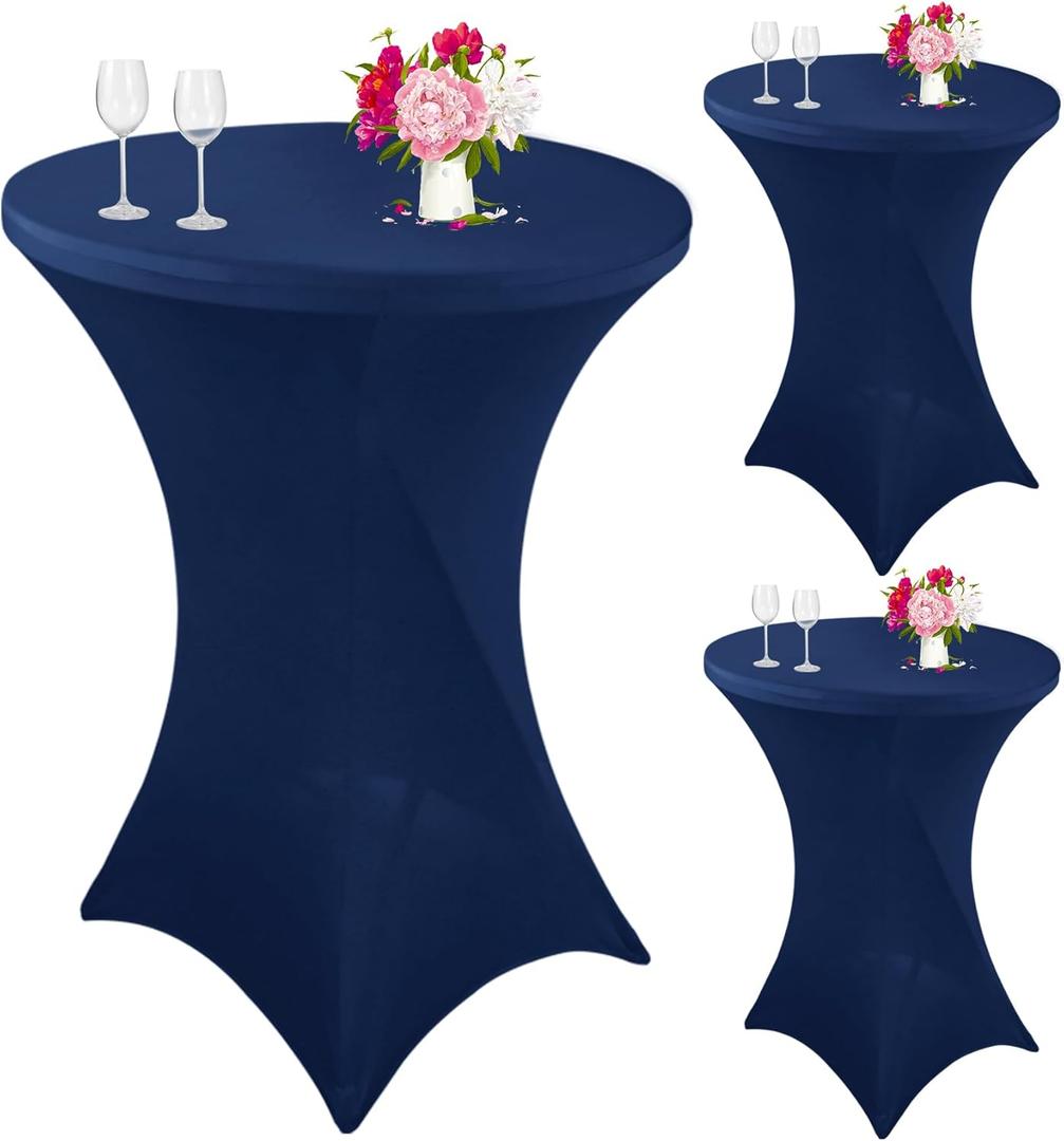 3 Pack Cocktail Spandex Tablecloth 32"x43" Cocktail Table Cover Fitted for High Top Round Tables for Bar Wedding Birthday Party Banquet (Navy Blue)